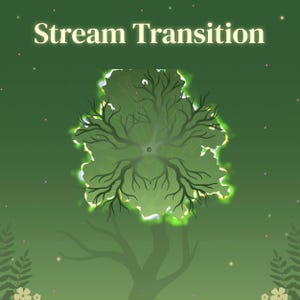 Pode incluir: Um gráfico digital com o texto Stream Transition em branco no topo. Abaixo, uma copa de árvore verde estilizada com ramos escuros e complexos que irradiam de um ponto central, rodeada por uma aura de luz verde clara.