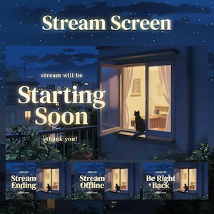 Pode incluir: Um gráfico digital de tela de transmissão com uma cena noturna e um gato preto sentado no parapeito de uma janela. O texto diz Stream Screen, stream will be Starting Soon, thank you, Stream Ending, Stream Offline e Be Right Back em branco.
