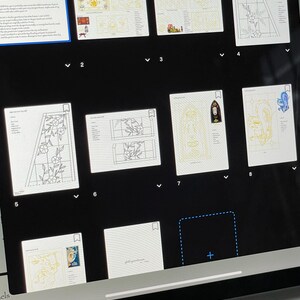 May include: A digital display shows multiple pages of stained glass patterns. The patterns include floral designs, geometric shapes, and illustrations of birds. The pages are numbered and displayed on a dark background.