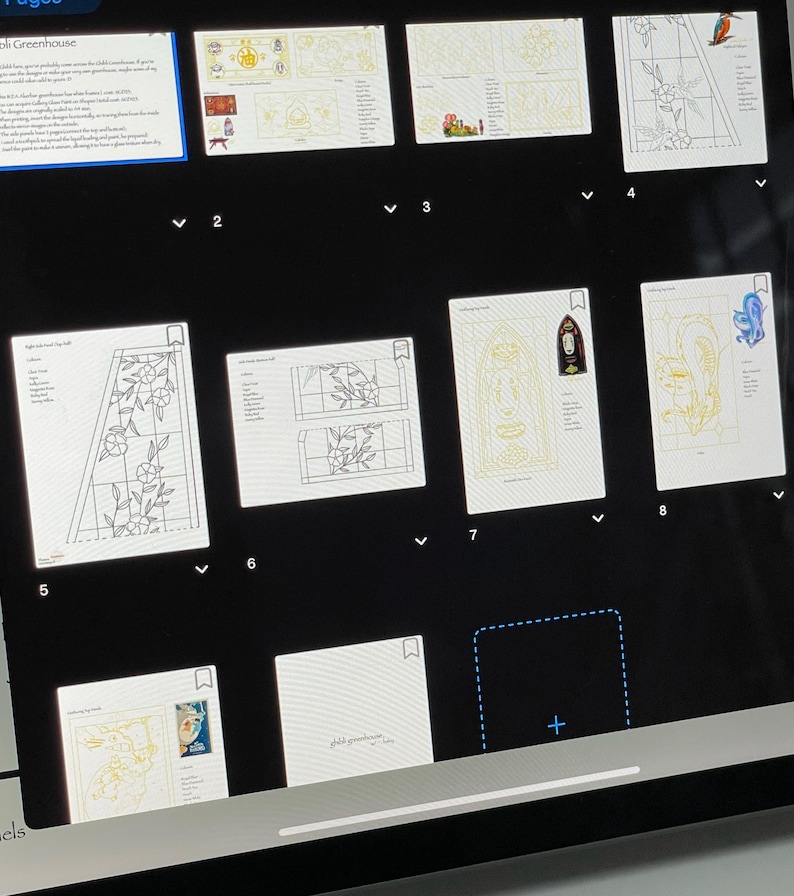 May include: A digital display shows multiple pages of stained glass patterns. The patterns include floral designs, geometric shapes, and illustrations of birds. The pages are numbered and displayed on a dark background.