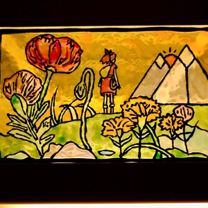May include: A stained glass panel featuring a landscape scene with a figure, flowers, and mountains. The artwork has a yellow and green background with black outlines. A large red flower is prominent.