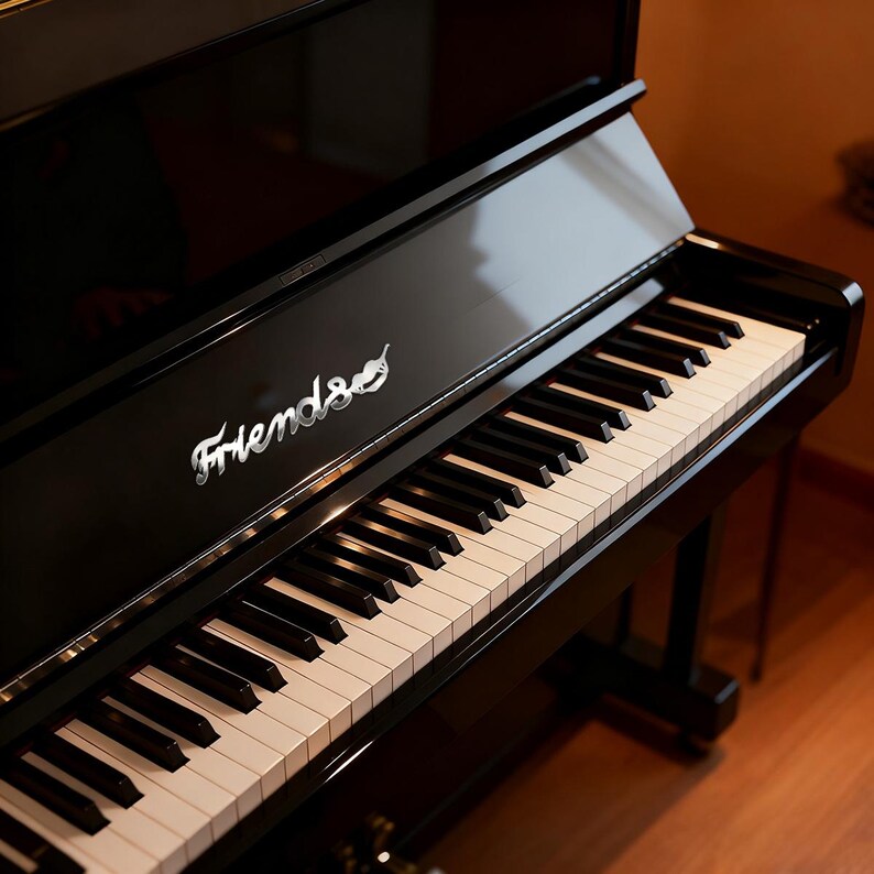 May include: A black upright piano with white and black keys. The word "Friends" is written in cursive on the piano's surface. The piano is set against a warm-toned wooden floor.