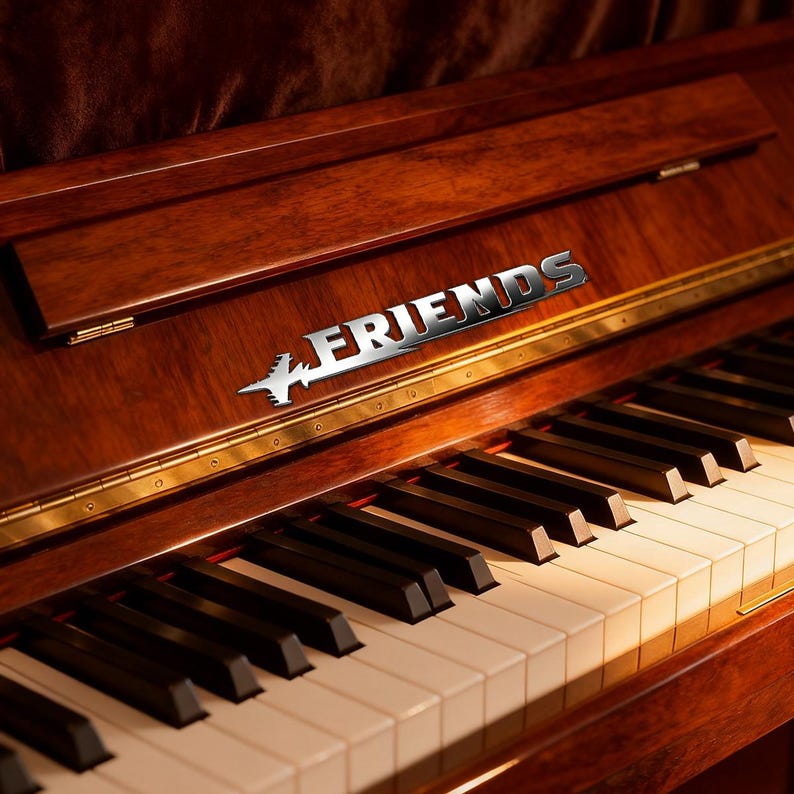May include: A wooden piano with black and white keys. The word "FRIENDS" is displayed in silver lettering on the piano's surface. The piano has a polished, dark wood finish. The keys are visible.