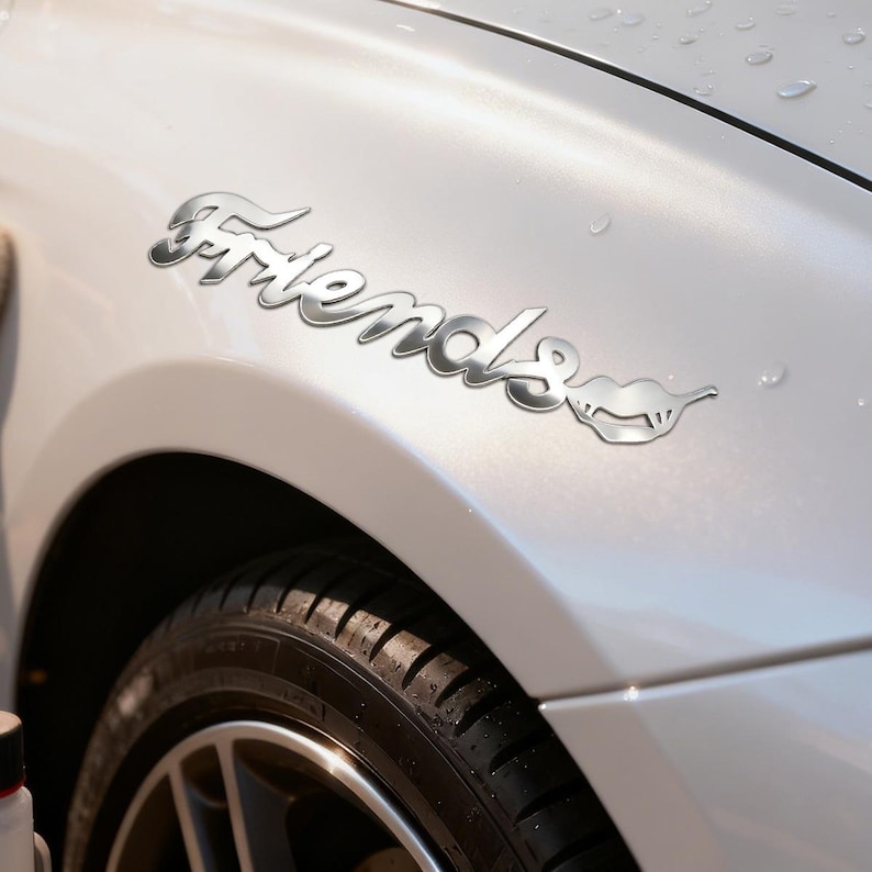 May include: A silver car emblem with the word "Friends" in a cursive font, accompanied by a stylized lip design. The emblem is affixed to the front fender of a silver car, with the tire and wheel visible below.