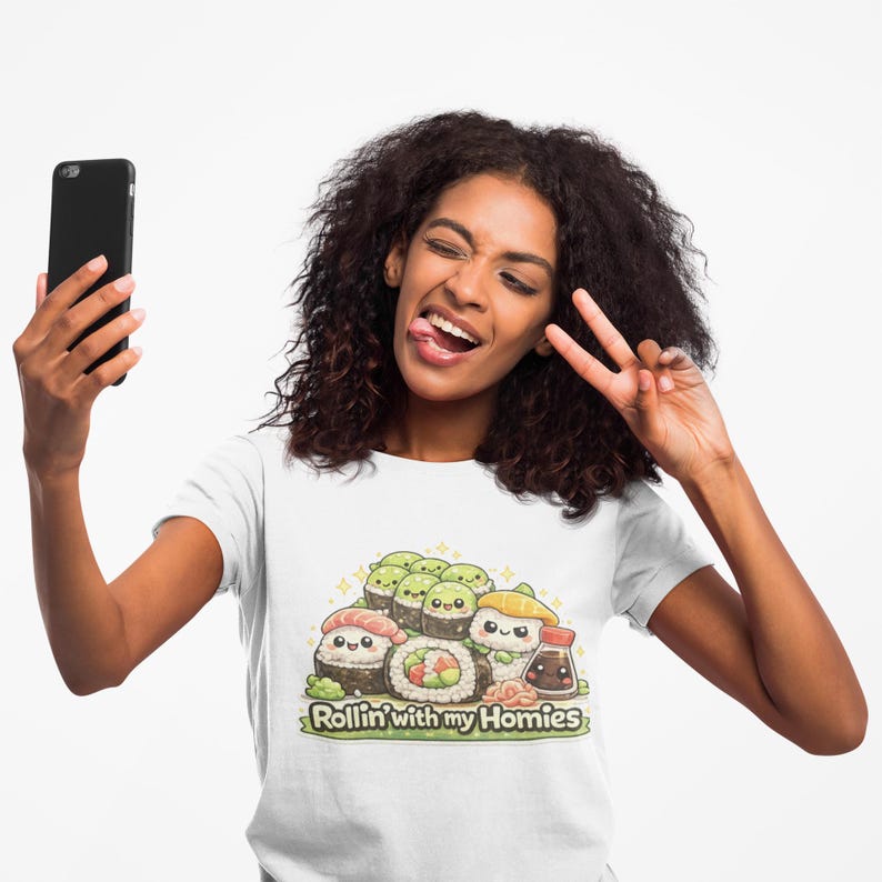 Sushi Graphic T-Shirt, "Rollin' With My Homies", Kawaii Shirt, Gifts for Teen Girls, Gifts for Girls, Gifts For Daughters, Gifts for Friend image 1