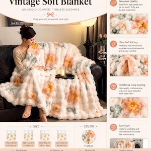 Floral Faux Rabbit Fur Blanket | Ultra Soft Plush Throw, Cozy Sofa Couch Bed Decor