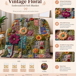 Puede incluir: Manta suave bordada con un diseño floral vintage. La manta presenta un patchwork de coloridas flores bordadas y botones. Disponible en tamaños de 150x200 cm a 220x240 cm. El texto en la imagen dice "Vintage Floral Embroidered Soft Blanket."