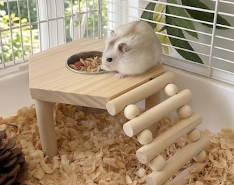 Plateforme d'alimentation en bois pour hamster avec échelle, centre d'activités surélevé en pin naturel avec gamelle en acier inoxydable