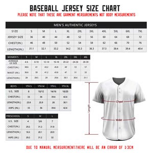 May include: A baseball jersey size chart featuring tables for men, women, boys, and preschool sizes with chest, waist, and length measurements in inches. A white button-down baseball jersey is shown with arrows indicating where to measure.