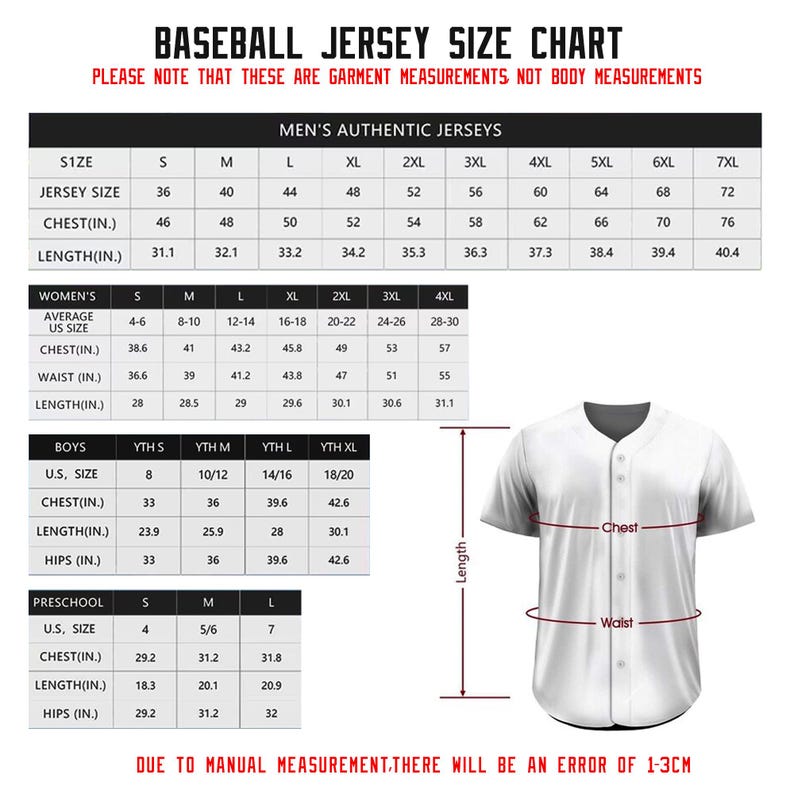 May include: A baseball jersey size chart featuring tables for men, women, boys, and preschool sizes with chest, waist, and length measurements in inches. A white button-down baseball jersey is shown with arrows indicating where to measure.