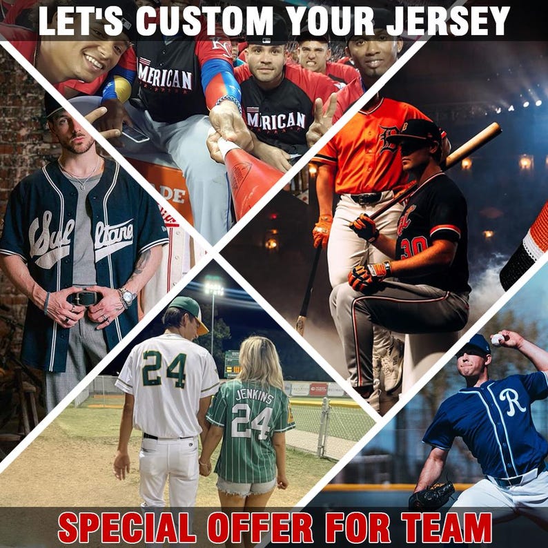 May include: A collage of baseball jerseys featuring various team colors and styles, including navy, orange, white, and green designs. The text "LET'S CUSTOM YOUR JERSEY" and "SPECIAL OFFER FOR TEAM" is displayed at the top and bottom of the image.