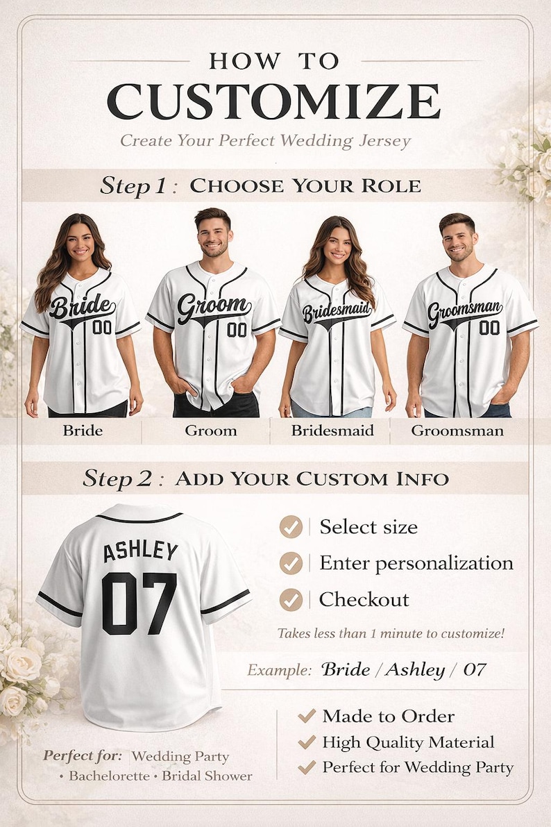 May include: A white baseball jersey with black trim, buttons, and custom text options. The graphic displays four individuals wearing jerseys labeled Bride, Groom, Bridesmaid, and Groomsman, with a back view showing a name and number customization example.