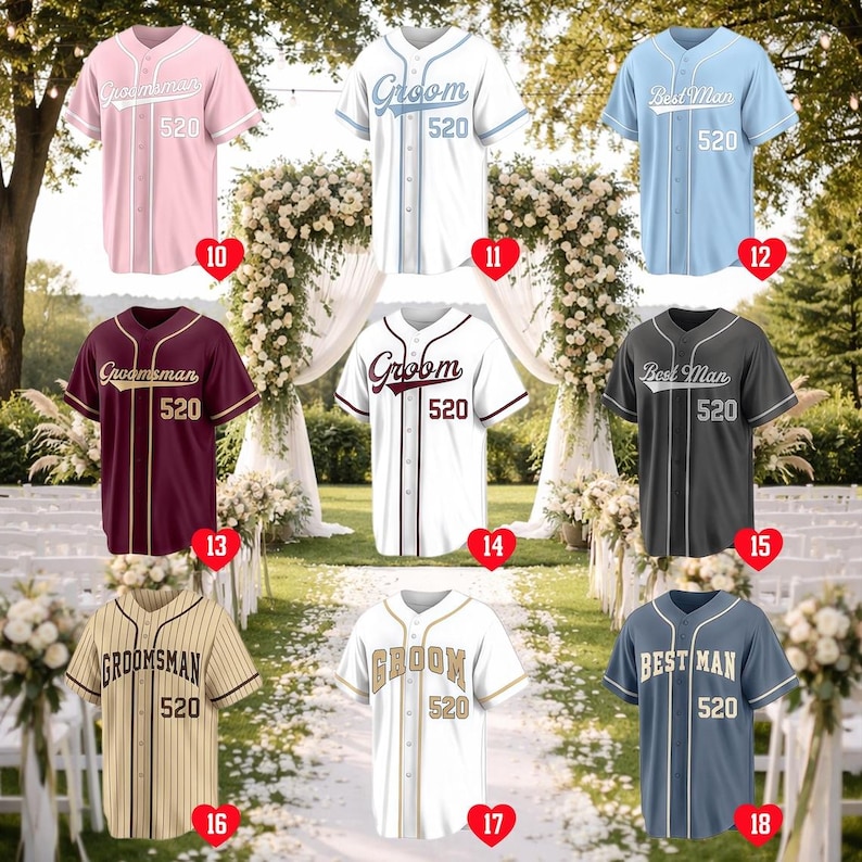 May include: A collection of eight button-down baseball jerseys in various colors including pink, white, light blue, maroon, gray, and tan pinstripe. Each jersey features the text Groomsman, Groom, or Best Man with the number 520 printed on the front.