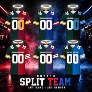 May include: Six custom split-colour sports jerseys with short sleeves, each featuring the text TEAM NAME, the number 00, and a glowing halo graphic above the collar. The jerseys display various colour combinations and are labelled with numbers 1 through 6.