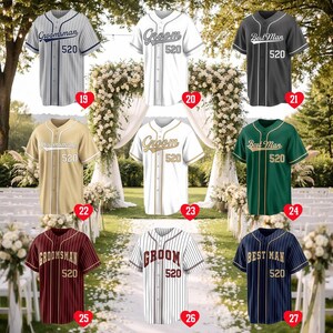 May include: A collection of nine button-down baseball jerseys in various colors including white, grey, tan, green, maroon, and navy. Each jersey features pinstripes or solid fabric, with text such as Groomsman, Groom, or Best Man and the number 520.