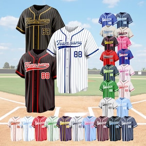 May include: A collection of baseball jerseys in various colors, including black, red, blue, and green. Each jersey features the text "Team name" and the number "88". Some jerseys have striped patterns.
