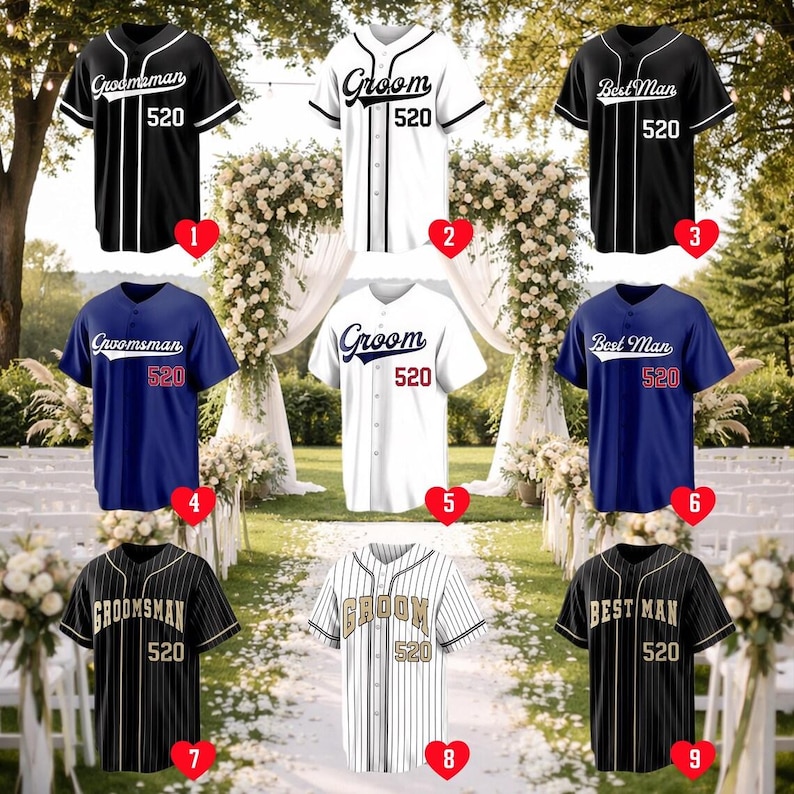 May include: Nine baseball jerseys featuring button-front closures and short sleeves. The shirts display the text Groom, Groomsman, or Best Man with the number 520. Colors include black, white, blue, and pinstriped patterns with various text colors.