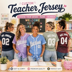May include: A collection of five short-sleeved button-down jerseys in navy, lavender, light blue, sage green, and maroon, each featuring white pinstripes, a white collar trim, and custom white text and numbers on the back or front.