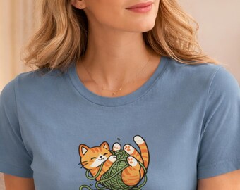 Oranges Katzen Baumwoll Shirt • Spielende Katze Lustiges T-Shirt • Süße Katze T-Shirt • Katzen Mutter Geschenk • Sommer Katze Grafik T-Shirt • Haustier Besitzer Geschenk • Tier Liebhaber Shirt