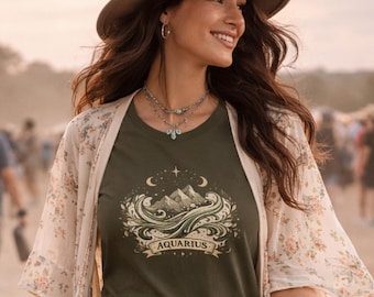 Wassermann Sternzeichen Baumwoll-Shirt • Boho Festival Tee • Wassermann Zeichen Shirt • Astrologie Geschenk • Hippie Outfit • Sommer Blaues Sternzeichen Hippie Tee