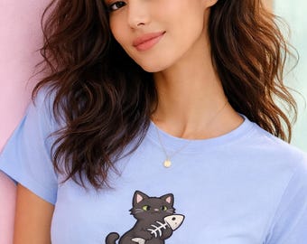 Lustiges Katzen Baumwoll Shirt • Katze frisst Fisch Shirt • Katzen Mama Geschenk • Vintage Katze Grafik T • Katzen Outfit • Haustier Besitzer Geschenk • Tier Liebhaber Shirt
