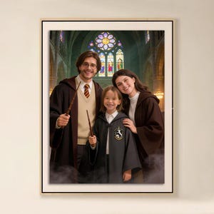Può includere: Ritratto incorniciato di una famiglia vestita con abiti di Hogwarts, con in mano delle bacchette. Il padre indossa occhiali, cravatta e maglione. La figlia e la madre indossano delle vesti. Lo sfondo presenta una vetrata.