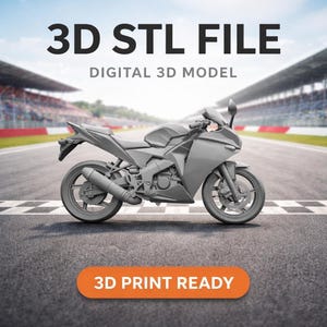 以下が含まれることがあります： レーストラック上のオートバイのグレーの3Dモデル。画像には、上部に「3D STL FILE」と「DIGITAL 3D MODEL」、下部にオレンジ色の長方形で「3D PRINT READY」というテキストが含まれています。