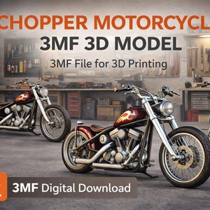Può includere: Un modello 3D digitale di una motocicletta chopper. L'immagine mostra tre motociclette con una combinazione di colori bordeaux e argento. Il testo in alto recita "Chopper Motorcycle 3MF 3D Model". L'immagine include anche il testo "3MF File for 3D Printing" e "3MF Digital Download".