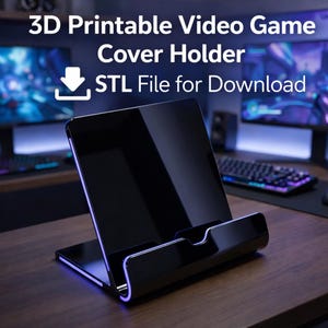 May include: A black video game cover holder with a sleek design, featuring a glowing purple edge. The holder is on a wooden surface. Text on the image reads "3D Printable Video Game Cover Holder" and "STL File for Download".