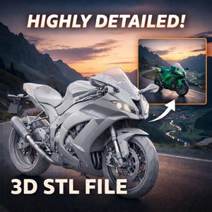 以下が含まれることがあります： 「HIGHLY DETAILED!」のテキストと「3D STL FILE」のテキストが配置された、オートバイの詳細な3Dレンダリング。 道路を走る緑色のオートバイがインセット画像で表示されています。 メインのオートバイはグレーで、ホイール、排気管、フェアリングなどのコンポーネントが見えます。