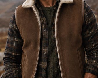 Colete masculino marrom em couro legítimo com forro de lã, estilo vintage estilo faroeste.