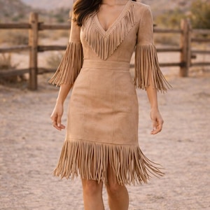 beige suede dress Faux Suede Tiered Fringe Midi Dress - Tan
