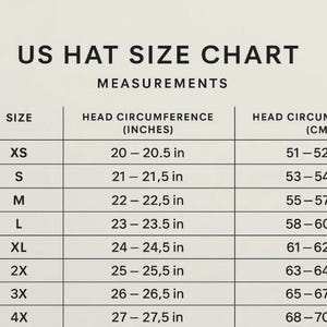 May include: A US hat size chart with measurements in inches and centimeters. The chart includes sizes XS to 4X, with corresponding head circumference measurements ranging from 20-27.5 inches (51-70 cm).