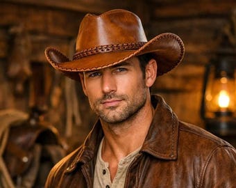 Chapéu de cowboy masculino em couro marrom-claro, estilo rancheiro ocidental, costurado à mão.