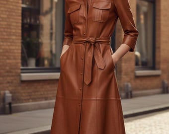 Vestido camisa midi artesanal em couro cor conhaque: com cinto e bolsos.