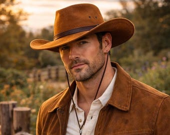 Brown Suede Leather Cowboy Hat, Western Outback Style, Adjustable Chin Strap