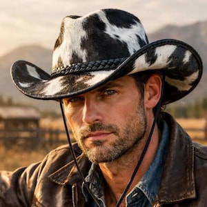 Cowhide Leather Cowboy Hat for Men, Hair on Hide Western Hat, Cow Print Cowboy Hat, Rancher Hat, Western Leather Hat, Cowboy Gift image 1