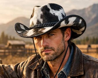 Chapéu de cowboy masculino em couro bovino com pelo, chapéu estilo western, chapéu de cowboy com estampa de vaca, chapéu de rancheiro, chapéu de couro estilo western, presente para cowboy