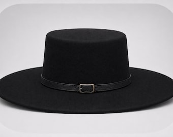 Black Rancher Hat, Wide Brim Fedora, Flat Crown, Western Style, Minimalist Unisex Fashion