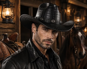 Chapéu de cowboy em couro preto com textura de crocodilo, estilo western autêntico, aba larga, feito à mão para homens.
