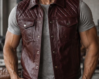Colete masculino acolchoado em couro bordô, estilo motociclista, autêntico colete western.