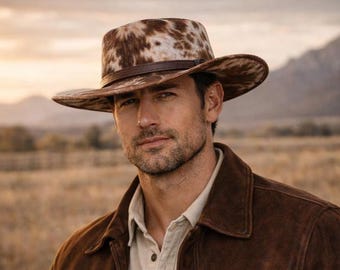 Chapéu de cowboy masculino em couro com pelo, marrom e branco, estilo western do interior da Austrália.