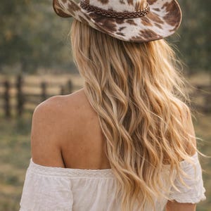 Genuine Hair on Hide Leather Cowhide Cowboy Hat, Brown White Western Rancher Style image 2