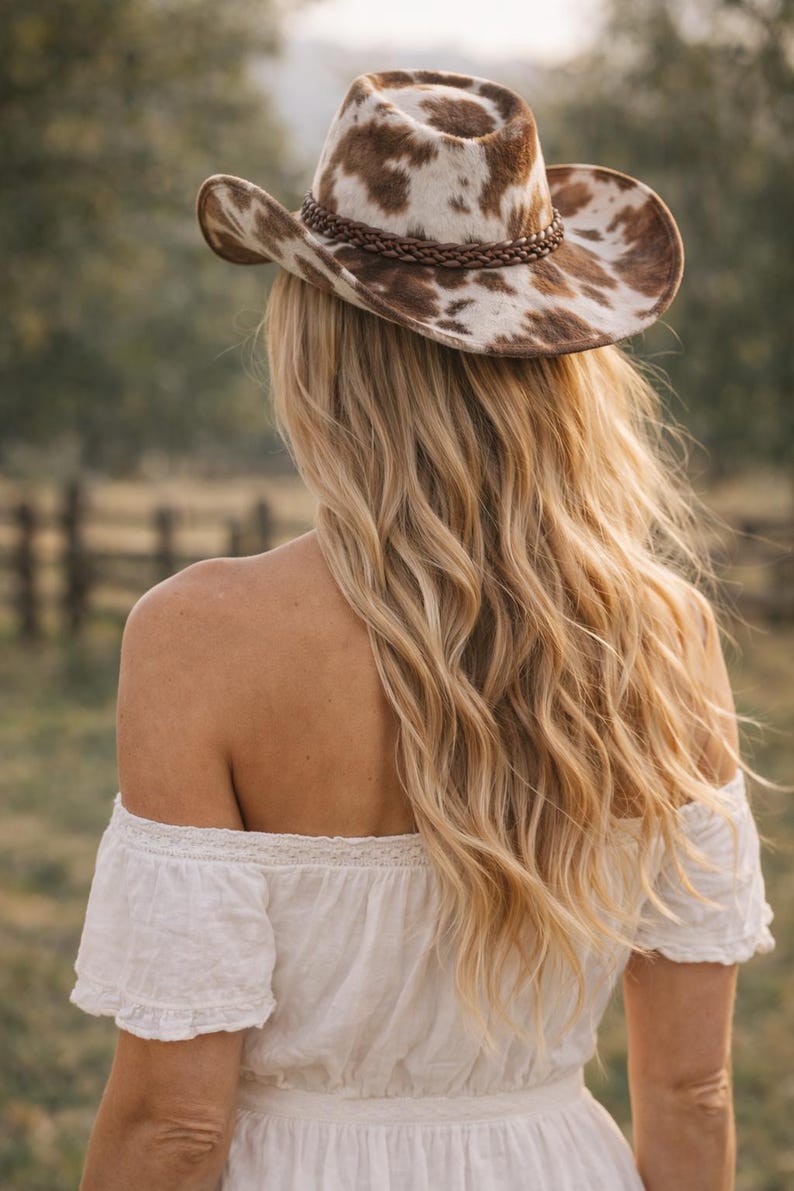 Genuine Hair on Hide Leather Cowhide Cowboy Hat, Brown White Western Rancher Style image 2