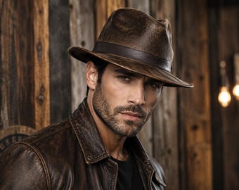 Chapéu Fedora artesanal em couro marrom envelhecido, estilo faroeste vintage.