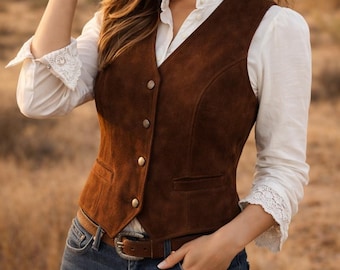 Colete estilo country em camurça marrom, modelo cowgirl, colete feminino sob medida com fechamento por botões.