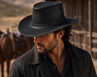 Chapéu de cowboy artesanal em couro legítimo preto, estilo Outback, com aba larga.
