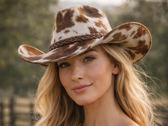 Genuine Hair on Hide Leather Cowhide Cowboy Hat, Brown White Western Rancher Style