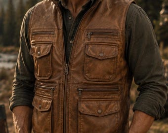 Colete utilitário masculino em couro legítimo marrom, estilo vintage western, modelo cargo biker.