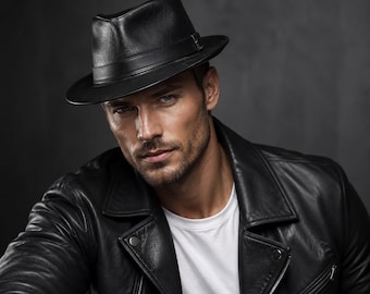Chapéu Fedora de couro preto feito à mão, estilo cowboy do Oeste, acessório de moda masculina.